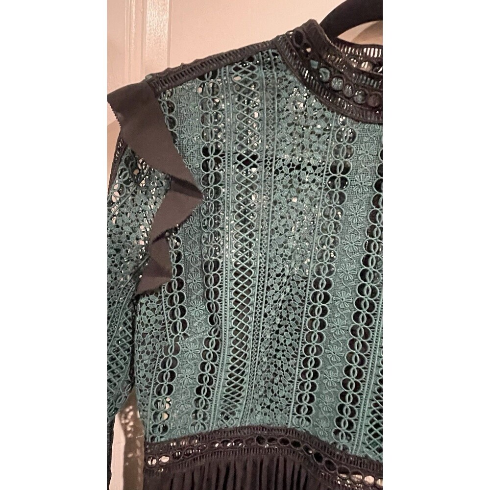 Self-Portrait Lace Pleated Midi Dress Green Black Ivory Long Sleeve US 8 UK 12 - Picture 5 of 12